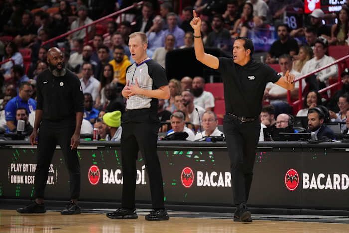 Miami Heat head coach Erik Spoelstra reacts in the game in front of Brooklyn Nets head coach Jacque Vaughn